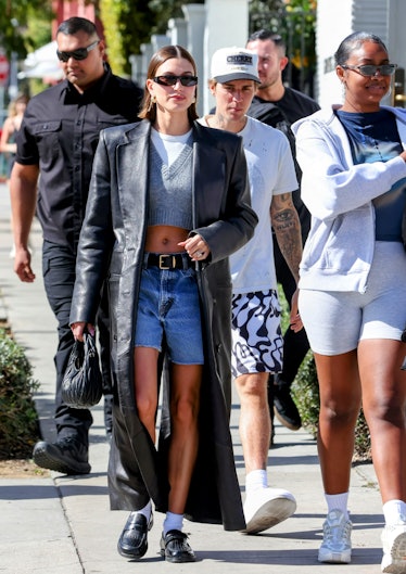 Hailey Bieber (L) and Justin Bieber are seen leaving Great White 