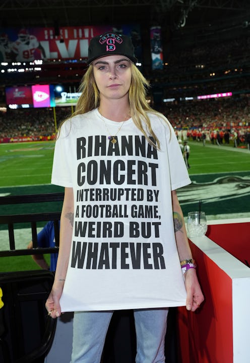 GLENDALE, ARIZONA - FEBRUARY 12: Cara Delevingne attends Super Bowl LVII at State Farm Stadium on F...
