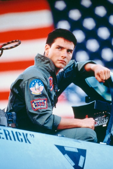 American actor Tom Cruise, as Lieutenant Pete 'Maverick' Mitchell, in a promotional portrait for 'To...