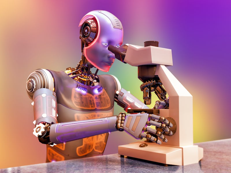 Humanoid robot working with a microscope in a laboratory, conceptual computer illustration. Laborato...