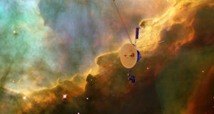 Voyager probe travels through space, flies over the Eagle Nebula. Elements of this photo furnished b...
