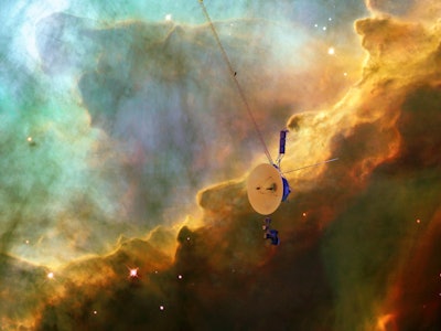 Voyager probe travels through space, flies over the Eagle Nebula. Elements of this photo furnished b...