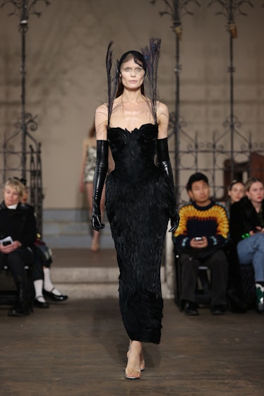 LONDON, ENGLAND - FEBRUARY 20: A model walks the runway at the Dilara Findikoglu show during London ...