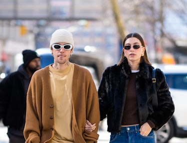 Justin Bieber (L) and Hailey Bieber are seen in Tribeca
