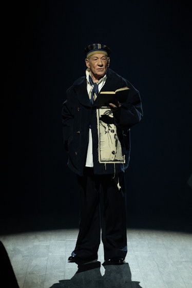 British actor Ian McKellen reads during British fashion label S.S.Daley's Autumn/Winter 2023 collect...