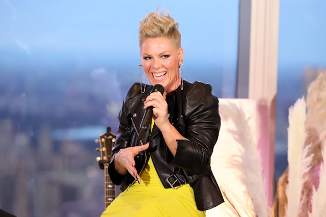 P!nk speaks onstage during the P!NK 'TRUSTFALL' Album Release Party at The Edge at Hudson Yards on F...