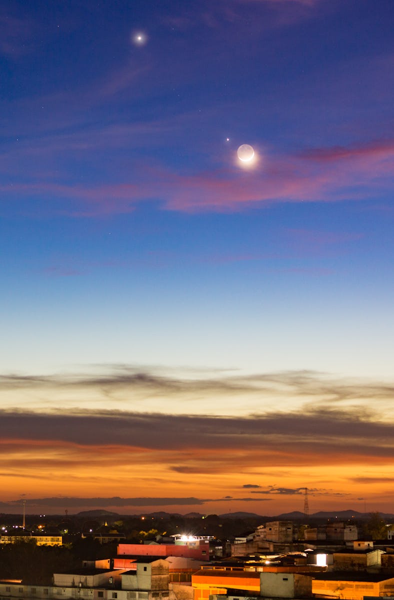 The beautiful twilight sky (Nov 28, 2019) after sunset with the planets conjuction of Moon (with ear...