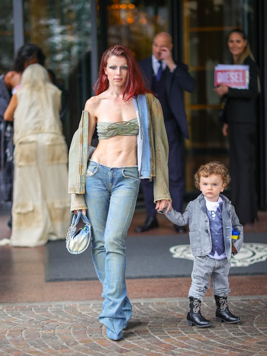 Julia Fox with her son Valentino are seen arriving to The Diesel show 