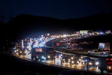 HESPERIA, CA - NOVEMBER 22: Pre-holiday traffic moves slowly on the Interstate 15 freeway through Ca...