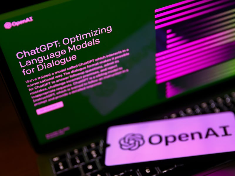 ChatGPT and OpenAI emblems are screend for illustration photo. Gliwice, Poland on February 21st, 202...
