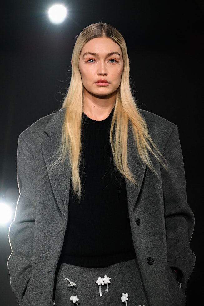 US model Gigi Hadid presents a creation for Prada on February 23, 2023 during the Fall-Winter 2023-2...