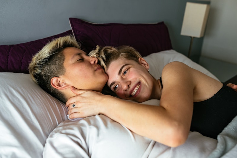 Millennial lesbian couple at home