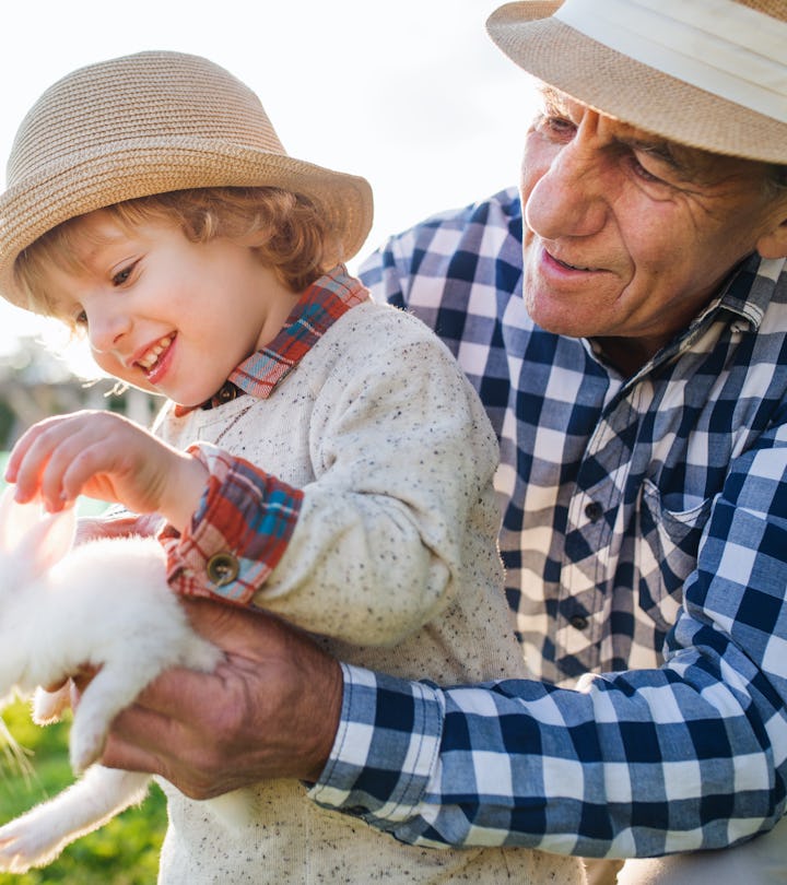 Old man with grandson petting rabbit in a story about kids easter outfits 2023.