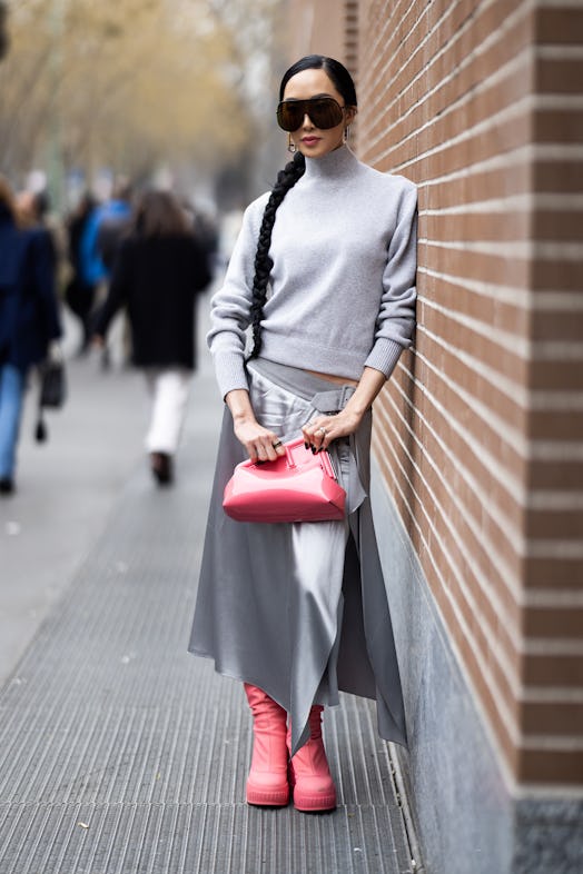 Chriselle Lim's braided ponytail is a beauty street style trend during Milan Fashion Week Womenswear...