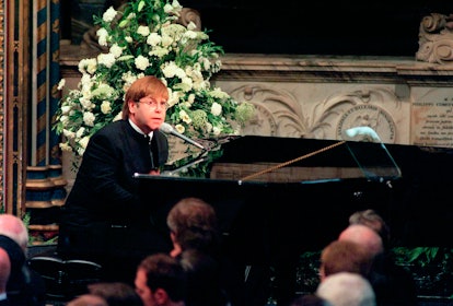 LONDON - SEPTEMBER 6:  Sir Elton John sings 'Candle in the Wind' at the funeral if Diana, Princess o...