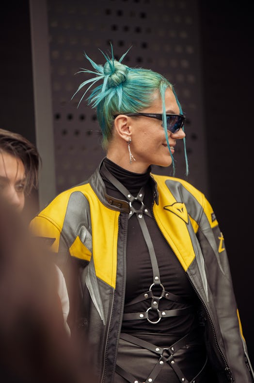 Colorful blue hair is a beauty street style trend during Milan Fashion Week Womenswear Fall/Winter 2...