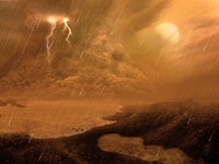 Dust storm of the surface of Titan, illustration. Titan, the largest moon of Saturn, is the only bod...