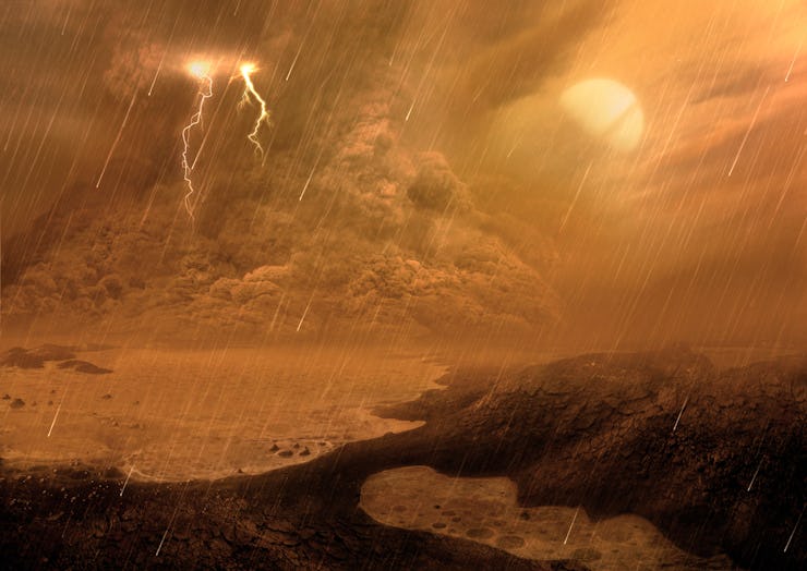 Dust storm of the surface of Titan, illustration. Titan, the largest moon of Saturn, is the only bod...