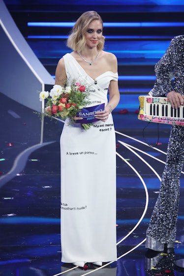 Chiara Ferragni attends the 73rd Sanremo Music Festival 2023 in the Hate Dress.