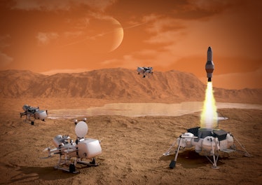 Artist rendering of a NASA Dragonfly lander spacecraft exploring the surface of Titan, a moon of the...