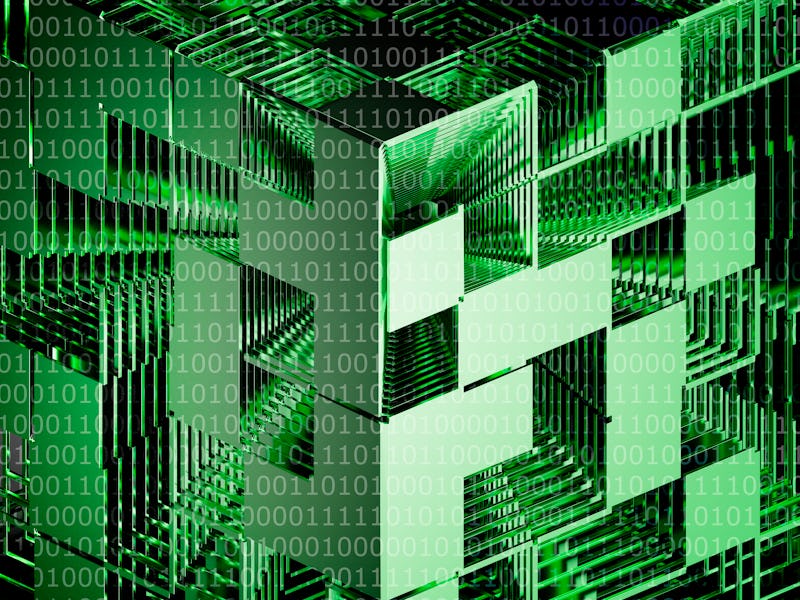 3D rendering.  Abstract background of cubes in green tones with binary code all over the image