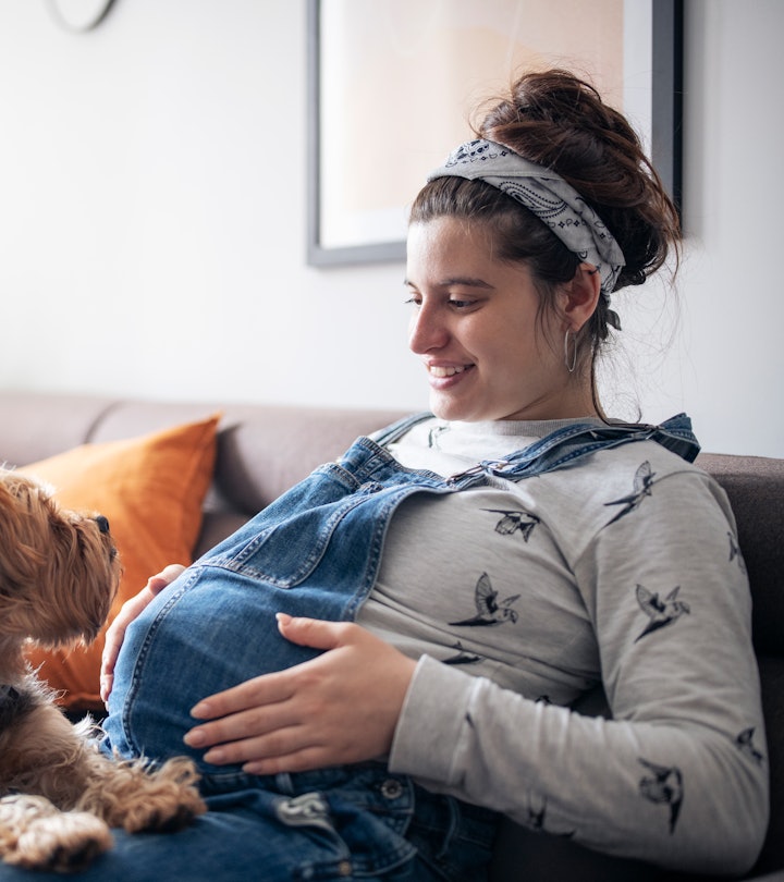 pregnant woman relaxing with pet dog wondering if dogs can sense labor