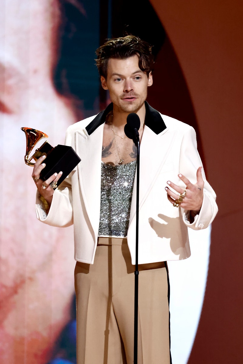 Harry Styles Is Shirtless In Swarovski Jumpsuit On Grammys Red Carpet