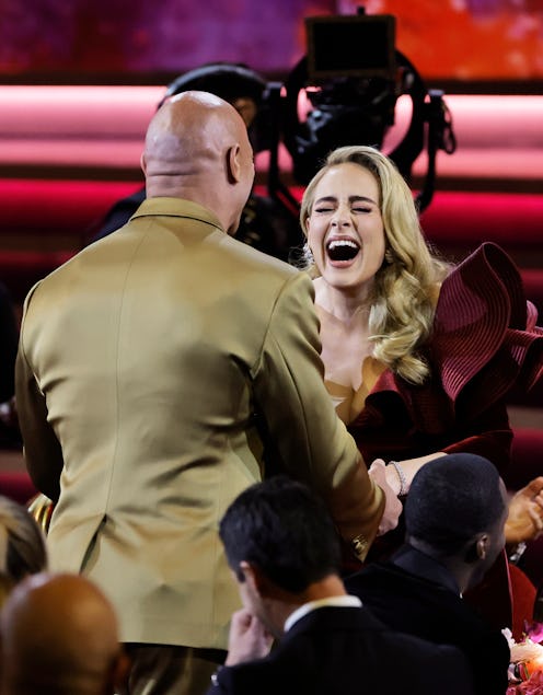 LOS ANGELES, CALIFORNIA - FEBRUARY 05: (L-R) Dwayne Johnson and Adele attend the 65th GRAMMY Awards ...