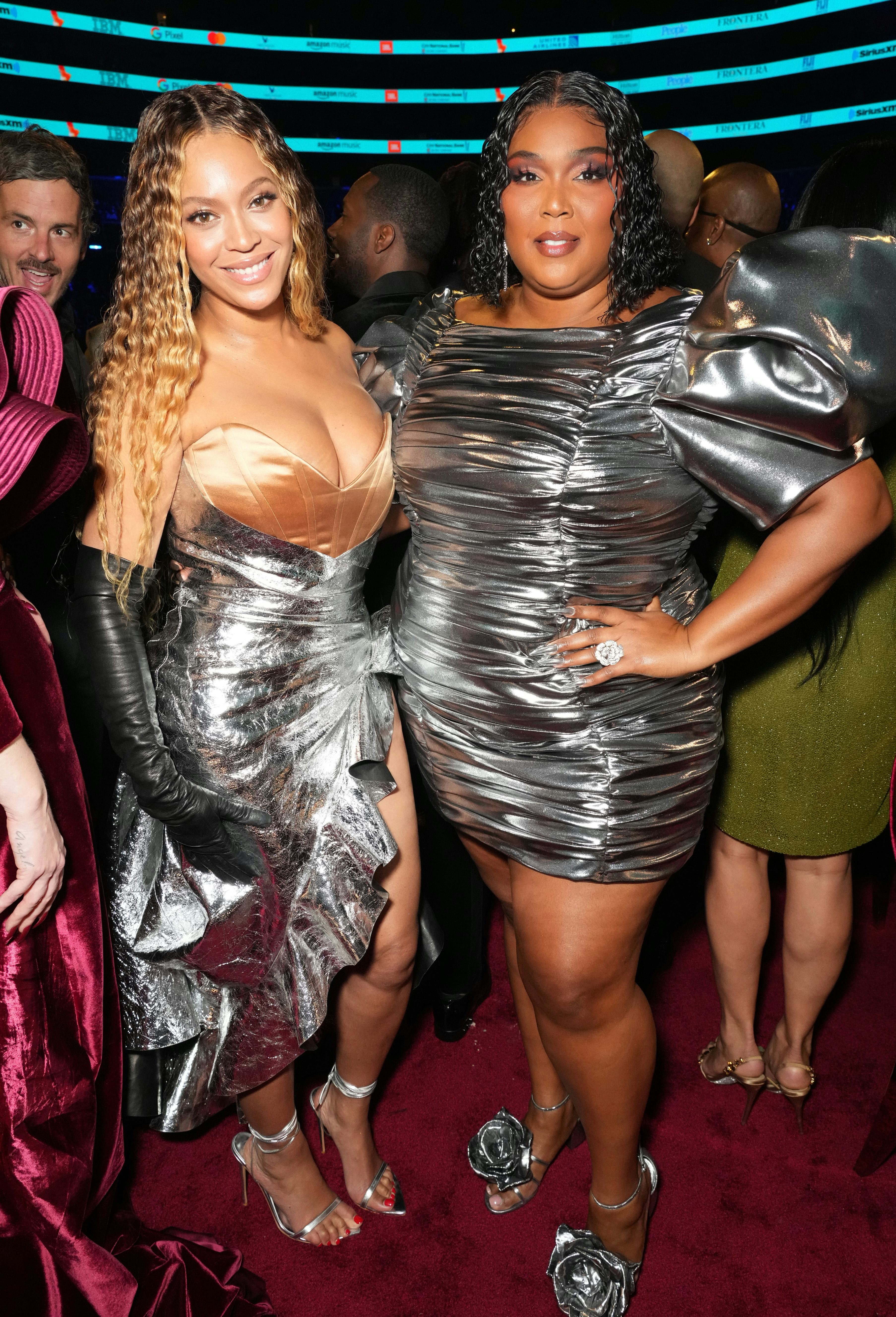 LOS ANGELES, CALIFORNIA - FEBRUARY 05: (L-R) Beyoncé and Lizzo attend the 65th GRAMMY Awards at Cry...