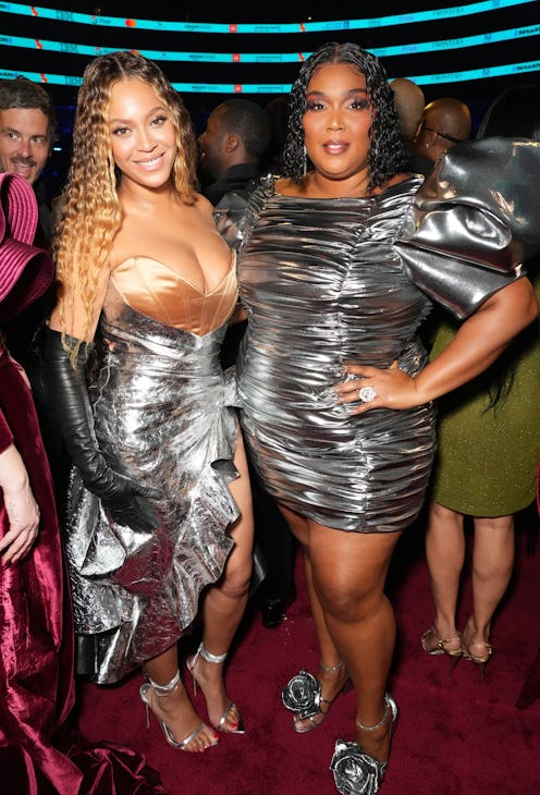 LOS ANGELES, CALIFORNIA - FEBRUARY 05: (L-R) Beyoncé and Lizzo attend the 65th GRAMMY Awards at Cry...