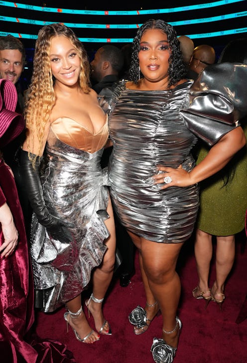 LOS ANGELES, CALIFORNIA - FEBRUARY 05: (L-R) Beyoncé and Lizzo attend the 65th GRAMMY Awards at Cry...