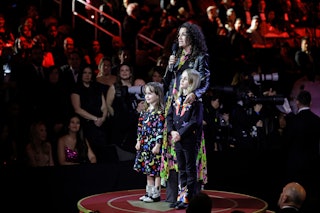 Elijah Carlile, Catherine Shepherd, and Evangeline Ruth Carlile speak during the 65th GRAMMY Awards ...