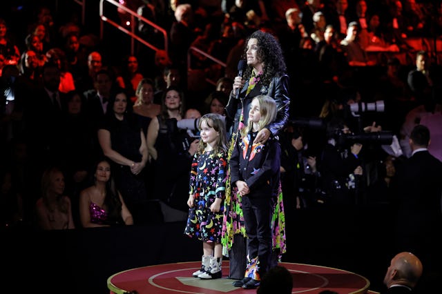 Elijah Carlile, Catherine Shepherd, and Evangeline Ruth Carlile speak during the 65th GRAMMY Awards ...