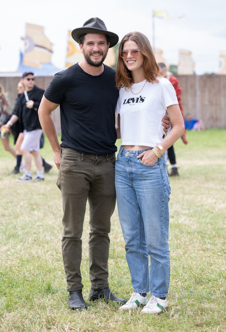 Kit Harington and Rose Leslie attend day three of Glastonbury Festival at Worthy Farm, Pilton on Jun...