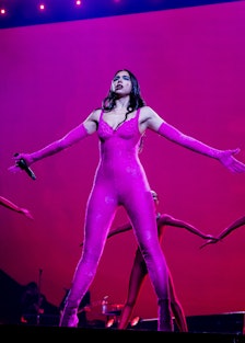 British pop singer Dua Lipa performs on stage.