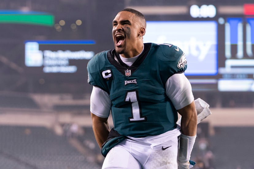 PHILADELPHIA, PA - DECEMBER 21: Jalen Hurts #1 of the Philadelphia Eagles reacts after the game agai...