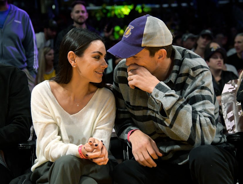 LOS ANGELES, CA - NOVEMBER 13: Mila Kunis and Ashton Kutcher attend a basketball between the Los Ang…