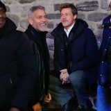 Brad Pitt and George Clooney on location for 'Wolves'.