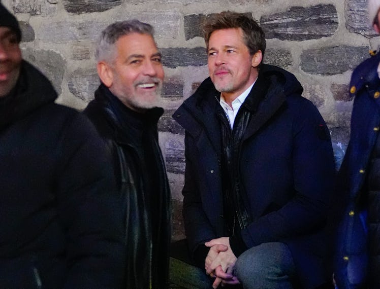 Brad Pitt and George Clooney on location for 'Wolves'.