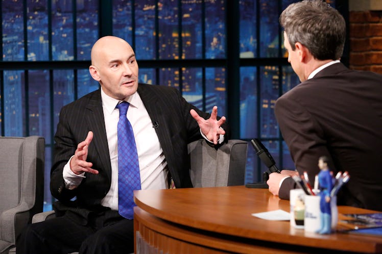 LATE NIGHT WITH SETH MEYERS -- Episode 625 -- Pictured: (l-r) Comic book writer, Grant Morrison, dur...