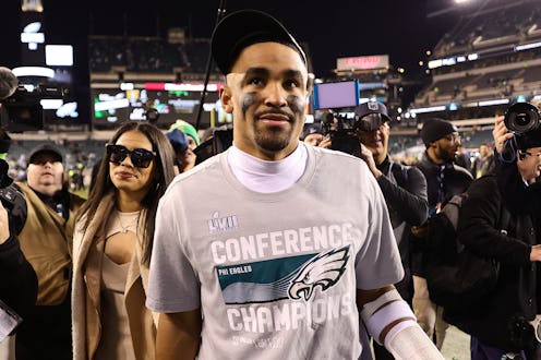 PHILADELPHIA, PENNSYLVANIA - JANUARY 29: Jalen Hurts #1 of the Philadelphia Eagles celebrates after ...