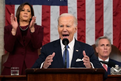 US President Joe Biden talks about passing an assault weapons ban as he delivers the State of the Un...