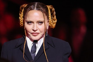 Madonna speaks on stage at the 65th Grammy Awards, held at the Crytpo.com Arena on February 5, 2023....