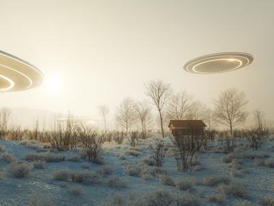 UFOs flying over winter landscape. 3D generated image.