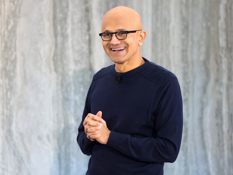 Microsoft CEO Satya Nadella speaks during a keynote address announcing ChatGPT integration for Bing ...