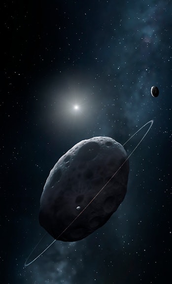 Haumea and moons, illustration. Haumea is a dwarf planet in the Kuiper Belt. It is noted for its elo...