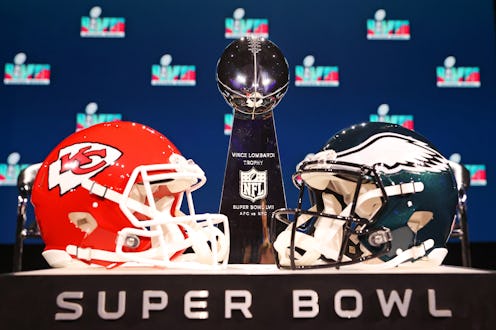 PHOENIX, ARIZONA - FEBRUARY 08: A view of the Vince Lombardi Trophy and the helmets of the Kansas Ci...
