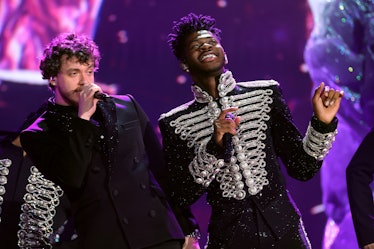 LAS VEGAS, NEVADA - APRIL 03: (L-R) Jack Harlow and Lil Nas X perform onstage during the 64th Annual...