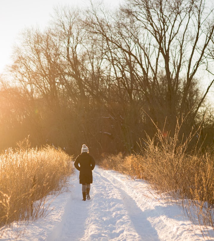 Snowy road through grassland of marsh with woman walking alone. Wintering with Katherine May 