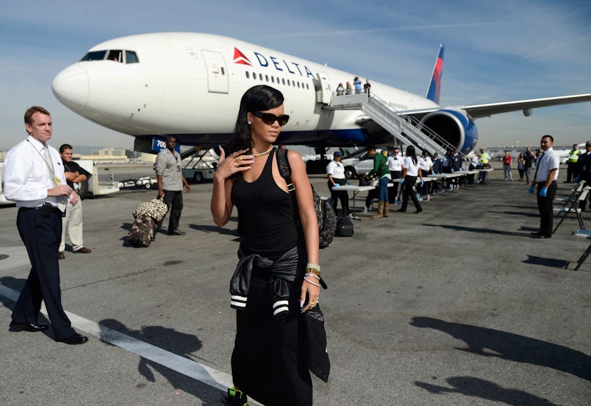 LOS ANGELES, CA - NOVEMBER 14:  (Exclusive Coverage) Rihanna arrives on the plane to her first stop ...